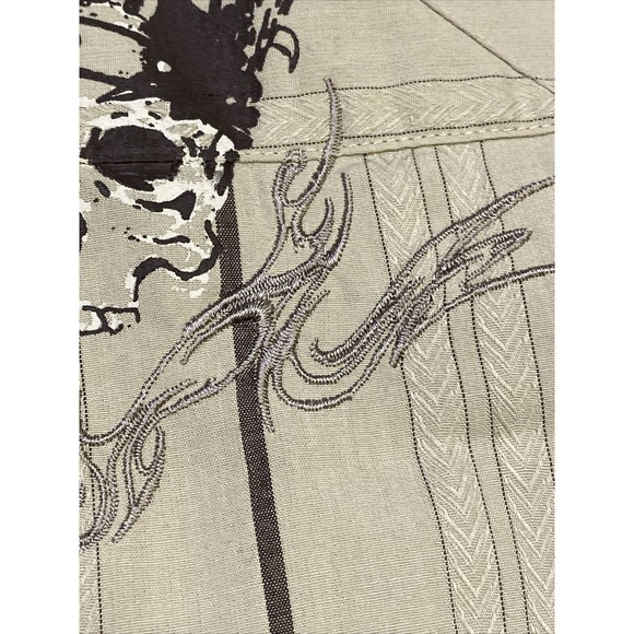 Anchor Blue Button Up Long Sleeve Large Stripes Offwhite Skull Print Embroidery - Picture 3 of 8